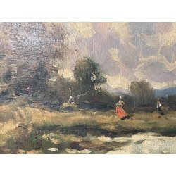 ANTICO QUADRO DIPINTO OLIO I. Karpoff CORNICE PAESAGGIO LACUSTRE FIUME BOSCO OLD