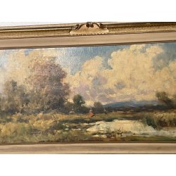 ANTICO QUADRO DIPINTO OLIO I. Karpoff CORNICE PAESAGGIO LACUSTRE FIUME BOSCO OLD