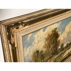 ANTICO QUADRO DIPINTO OLIO I. Karpoff CORNICE PAESAGGIO LACUSTRE FIUME BOSCO OLD