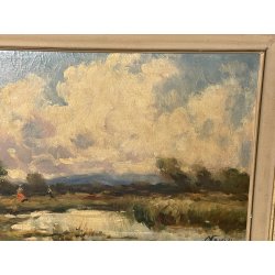 ANTICO QUADRO DIPINTO OLIO I. Karpoff CORNICE PAESAGGIO LACUSTRE FIUME BOSCO OLD