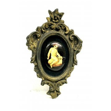 ANTICA MINIATURA OVALE DIPINTO CORNICE LIBERTY GESSO DORATO PUTTO BIMBO '900