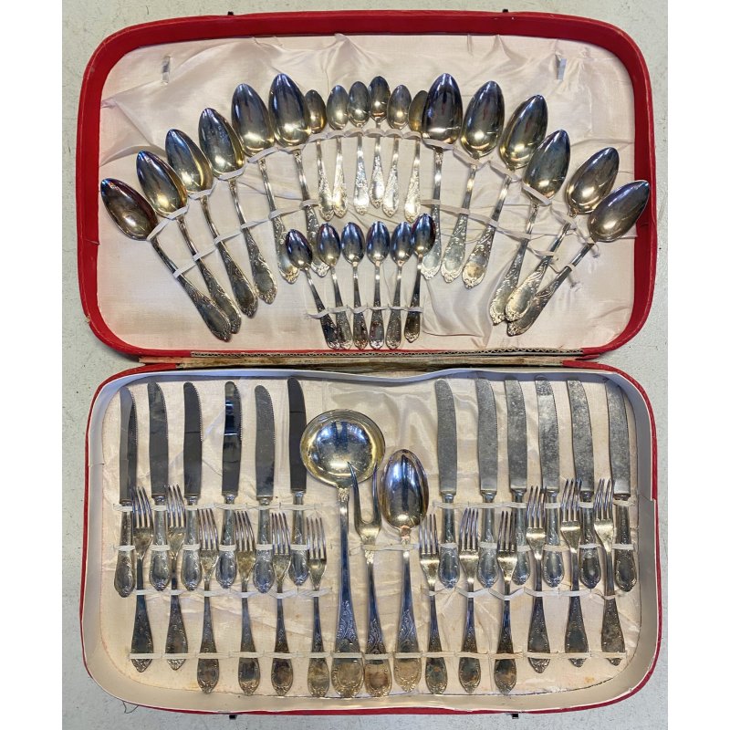 SET POSATE VINTAGE 12 Pers. METALLO PLACCATO ARGENTO 800 DESIGN CLASSICO '40/'50
