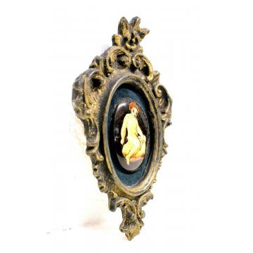 ANTICA MINIATURA OVALE DIPINTO CORNICE LIBERTY GESSO DORATO PUTTO BIMBO '900