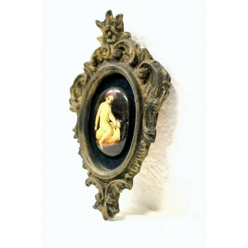 ANTICA MINIATURA OVALE DIPINTO CORNICE LIBERTY GESSO DORATO PUTTO BIMBO '900