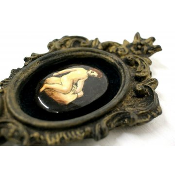 ANTICA MINIATURA OVALE DIPINTO CORNICE LIBERTY GESSO DORATO PUTTO BIMBO '900