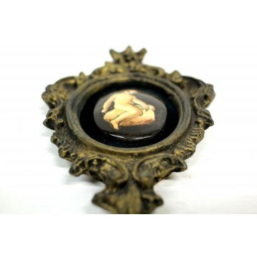 ANTICA MINIATURA OVALE DIPINTO CORNICE LIBERTY GESSO DORATO PUTTO BIMBO '900