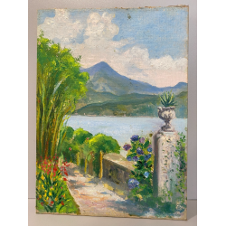 ANTICO PICCOLO DIPINTO OLIO CARTONE PAESAGGIO VEDUTA GIARDINI LAGO MAGGIORE '900