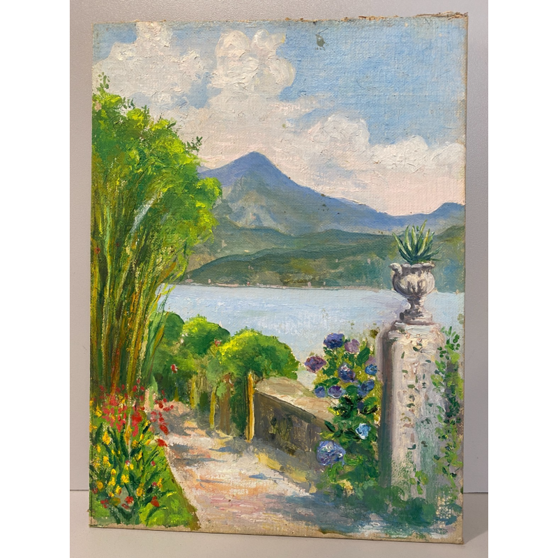 ANTICO PICCOLO DIPINTO OLIO CARTONE PAESAGGIO VEDUTA GIARDINI LAGO MAGGIORE '900