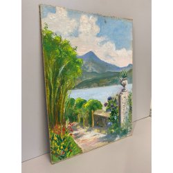 ANTICO PICCOLO DIPINTO OLIO CARTONE PAESAGGIO VEDUTA GIARDINI LAGO MAGGIORE '900