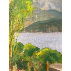 ANTICO PICCOLO DIPINTO OLIO CARTONE PAESAGGIO VEDUTA GIARDINI LAGO MAGGIORE '900