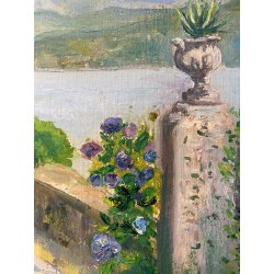 ANTICO PICCOLO DIPINTO OLIO CARTONE PAESAGGIO VEDUTA GIARDINI LAGO MAGGIORE '900