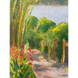 ANTICO PICCOLO DIPINTO OLIO CARTONE PAESAGGIO VEDUTA GIARDINI LAGO MAGGIORE '900
