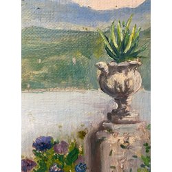 ANTICO PICCOLO DIPINTO OLIO CARTONE PAESAGGIO VEDUTA GIARDINI LAGO MAGGIORE '900