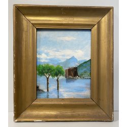 ANTICO PICCOLO DIPINTO OLIO CARTONE VEDUTA Castelli di Cannnero LAGO MAGGIORE