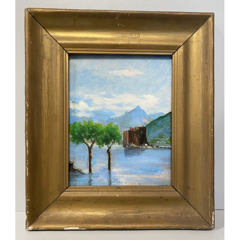 ANTICO PICCOLO DIPINTO OLIO CARTONE VEDUTA Castelli di Cannnero LAGO MAGGIORE