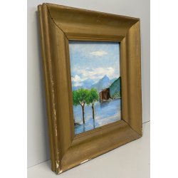 ANTICO PICCOLO DIPINTO OLIO CARTONE VEDUTA Castelli di Cannnero LAGO MAGGIORE