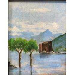 ANTICO PICCOLO DIPINTO OLIO CARTONE VEDUTA Castelli di Cannnero LAGO MAGGIORE