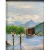 ANTICO PICCOLO DIPINTO OLIO CARTONE VEDUTA Castelli di Cannnero LAGO MAGGIORE