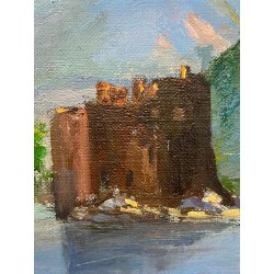 ANTICO PICCOLO DIPINTO OLIO CARTONE VEDUTA Castelli di Cannnero LAGO MAGGIORE