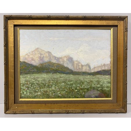 ANTICO PICCOLO DIPINTO OLIO PAESAGGIO MONTANO DIVISIONISTA IMPRESSIONISTA '900