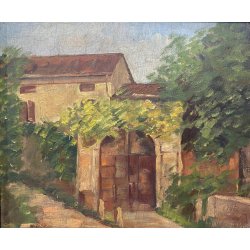 ANTICO PICCOLO DIPINTO OLIO SCORCIO PAESAGGIO CAMPAGNA STRADA CASALE PORTONE