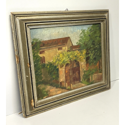 ANTICO PICCOLO DIPINTO OLIO SCORCIO PAESAGGIO CAMPAGNA STRADA CASALE PORTONE