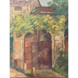 ANTICO PICCOLO DIPINTO OLIO SCORCIO PAESAGGIO CAMPAGNA STRADA CASALE PORTONE