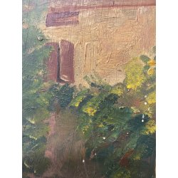 ANTICO PICCOLO DIPINTO OLIO SCORCIO PAESAGGIO CAMPAGNA STRADA CASALE PORTONE