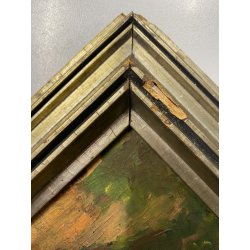 ANTICO PICCOLO DIPINTO OLIO SCORCIO PAESAGGIO CAMPAGNA STRADA CASALE PORTONE