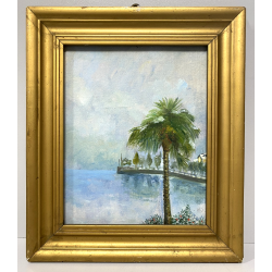 ANTICO PICCOLO DIPINTO OLIO PAESAGGIO VEDUTA STRESA BAVENO LAGO MAGGIORE '900