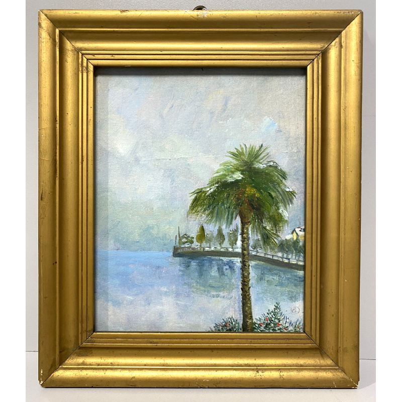 ANTICO PICCOLO DIPINTO OLIO PAESAGGIO VEDUTA STRESA BAVENO LAGO MAGGIORE '900