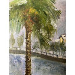 ANTICO PICCOLO DIPINTO OLIO PAESAGGIO VEDUTA STRESA BAVENO LAGO MAGGIORE '900