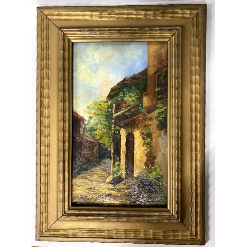 ANTICO PICCOLO DIPINTO OLIO SCORCIO PAESE CAMPAGNA STRADA PORTONE GUILLOCHE '900