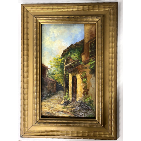 ANTICO PICCOLO DIPINTO OLIO SCORCIO PAESE CAMPAGNA STRADA PORTONE GUILLOCHE '900