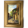 ANTICO PICCOLO DIPINTO OLIO SCORCIO PAESE CAMPAGNA STRADA PORTONE GUILLOCHE '900