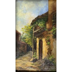 ANTICO PICCOLO DIPINTO OLIO SCORCIO PAESE CAMPAGNA STRADA PORTONE GUILLOCHE '900