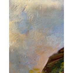 ANTICO PICCOLO DIPINTO OLIO SCORCIO PAESE CAMPAGNA STRADA PORTONE GUILLOCHE '900