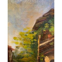 ANTICO PICCOLO DIPINTO OLIO SCORCIO PAESE CAMPAGNA STRADA PORTONE GUILLOCHE '900