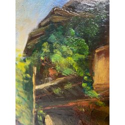 ANTICO PICCOLO DIPINTO OLIO SCORCIO PAESE CAMPAGNA STRADA PORTONE GUILLOCHE '900