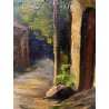 ANTICO PICCOLO DIPINTO OLIO SCORCIO PAESE CAMPAGNA STRADA PORTONE GUILLOCHE '900