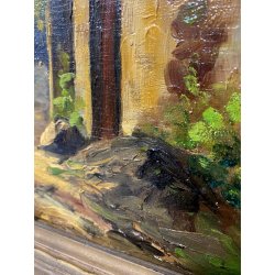 ANTICO PICCOLO DIPINTO OLIO SCORCIO PAESE CAMPAGNA STRADA PORTONE GUILLOCHE '900