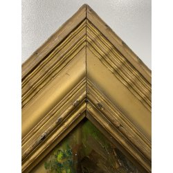 ANTICO PICCOLO DIPINTO OLIO SCORCIO PAESE CAMPAGNA STRADA PORTONE GUILLOCHE '900