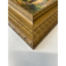 ANTICO PICCOLO DIPINTO OLIO SCORCIO PAESE CAMPAGNA STRADA PORTONE GUILLOCHE '900