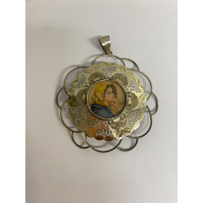 GRANDE MEDAGLIONE CIONDOLO CAPOCULLA MADONNA con BAMBINO RELIGIOSO ARGENTO 925