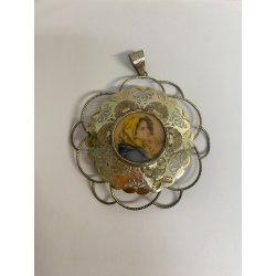 GRANDE MEDAGLIONE CIONDOLO CAPOCULLA MADONNA con BAMBINO RELIGIOSO ARGENTO 925