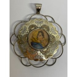 GRANDE MEDAGLIONE CIONDOLO CAPOCULLA MADONNA con BAMBINO RELIGIOSO ARGENTO 925