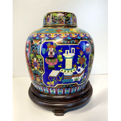 VASO CINESE GINGER JAR CLOISONNE SMALTO POLICROMO DECORO FLOREALE BASE LEGNO