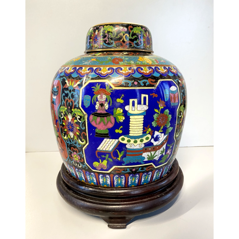 VASO CINESE GINGER JAR CLOISONNE SMALTO POLICROMO DECORO FLOREALE BASE LEGNO