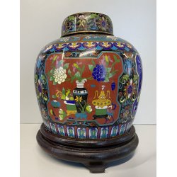 VASO CINESE GINGER JAR CLOISONNE SMALTO POLICROMO DECORO FLOREALE BASE LEGNO