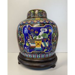 VASO CINESE GINGER JAR CLOISONNE SMALTO POLICROMO DECORO FLOREALE BASE LEGNO